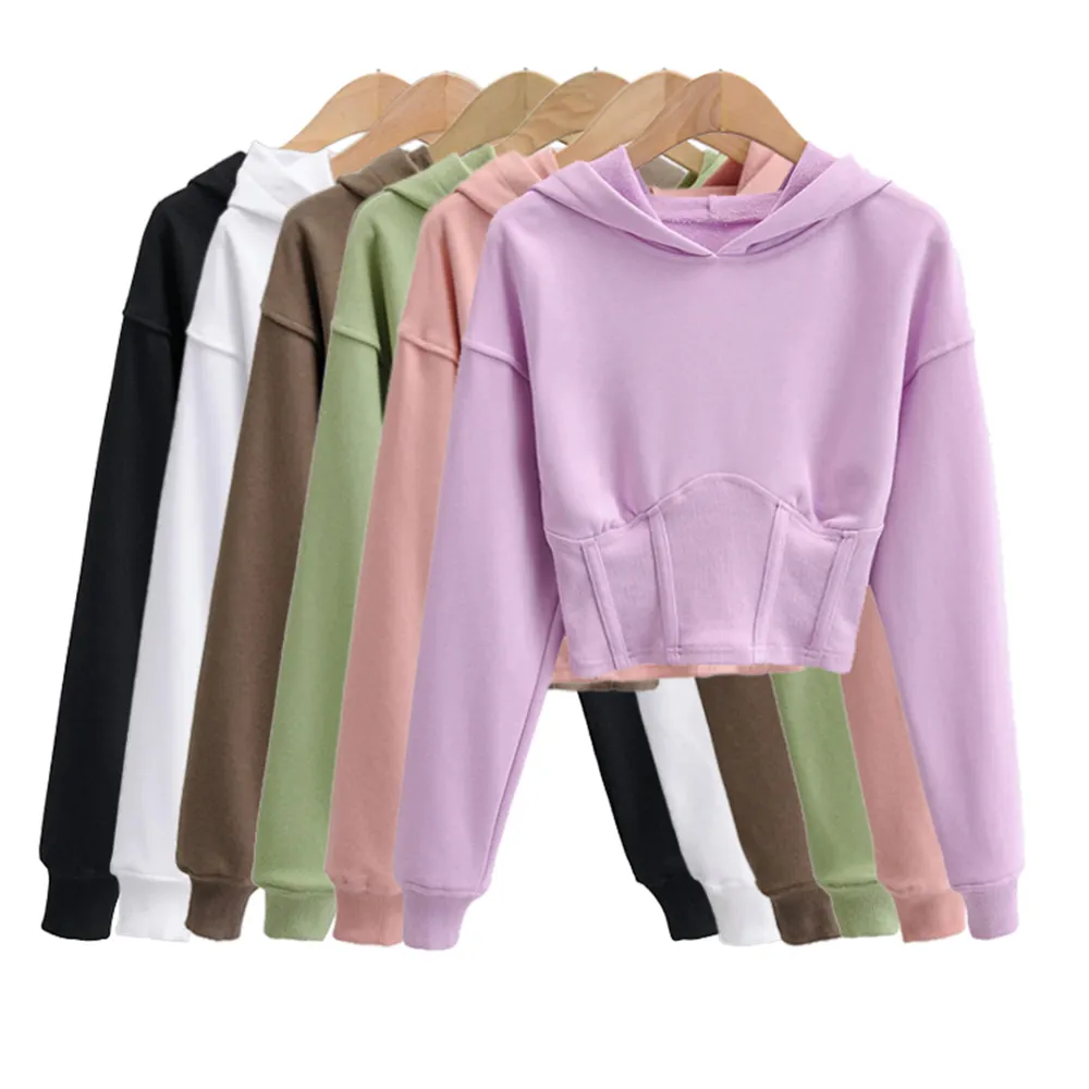 2021 Spring Corset Waist Casual Cotton Knit Sweater women's Hoodie Fleece crop top hoodies for women
