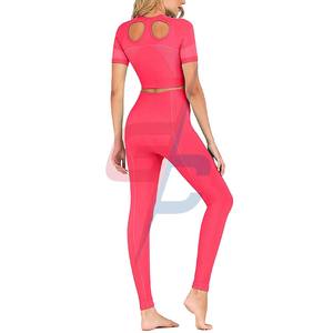 Womens High Waist <b>Stripe</b> Seamless Yoga Pants <b>Leggings</b> Athletic Short Sleeve Yoga Gym Crop Top Compression Workout Tee Supplier - Product Image 3