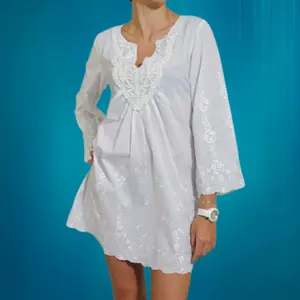 Witte Geborduurde Puur Katoenen Dames Top Kaftan Schiffli Tuniek