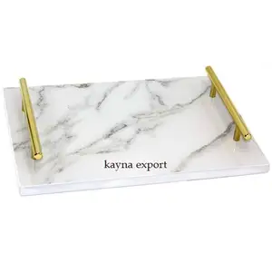 LUXURY WHITE MARBLE GOLD PLATTED HANDLE DECORATIVE TRAY