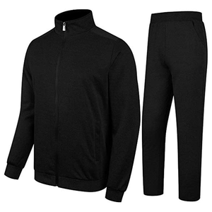 Chándal negro para hombre con cremallera completa, cuello alto, color liso, ropa informal para correr con bolsillos laterales, corte regular, para otoño - Product Image 1