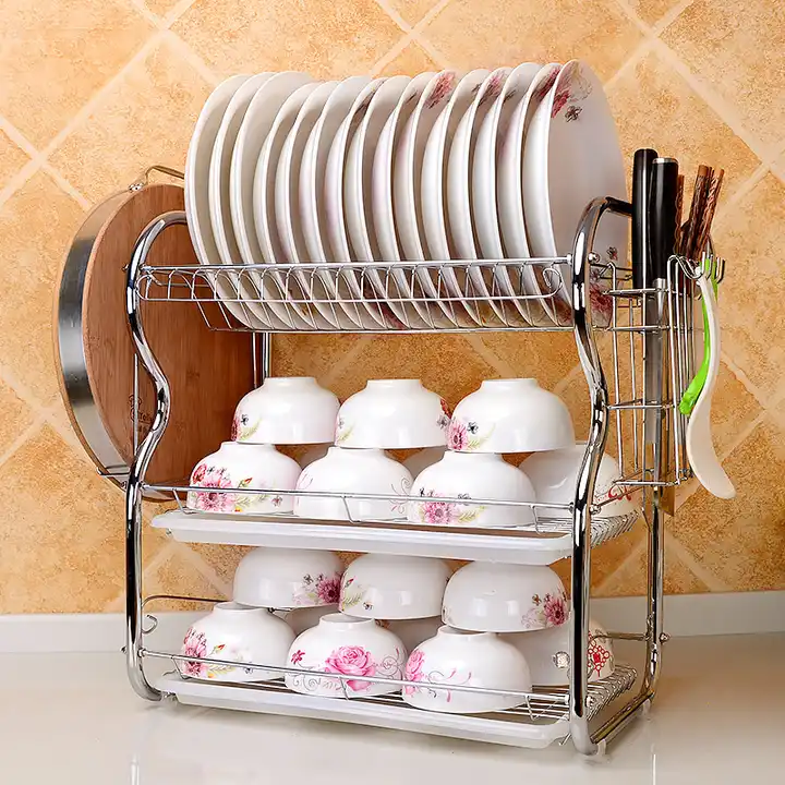 Freestanding kitchen set 3 tiers dish organizer knife rack bowl Holder dish  drainer rack