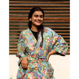 Robe Kimono en coton imprimé à la main indienne, tenue de nuit longue de style ethnique pour femmes, vêtement de plage décontracté, motif Floral, grande taille - Product Image 4