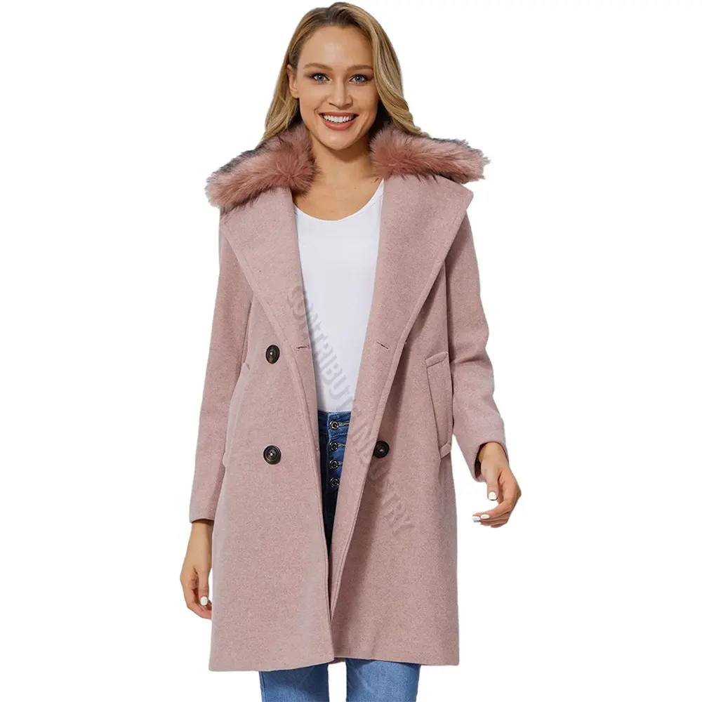 Women's Double Breasted Pea Coat Winter Mid-Long Trench Coat with mid Long Tweed Woolen Outwear