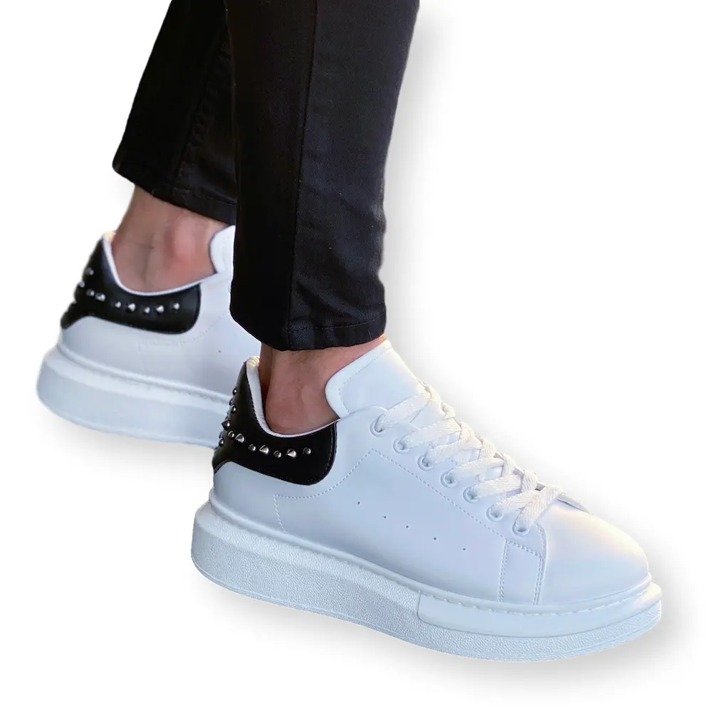 รองเท้าผ้าใบมีเดือยแหลมสูงของผู้ชาย,รองเท้าผ้าใบพรีเมี่ยมแฮนด์เมดแนวสตรีทลำลองสีขาวและสีดำปี2023