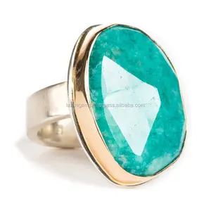 Amazonite gemstone rolled edge bezel of 14K yellow gold with 925 sterling silver band ring