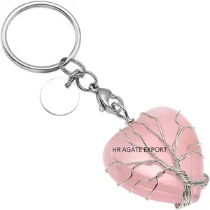 批发天然玫瑰石英心形树生命包装钥匙链出售