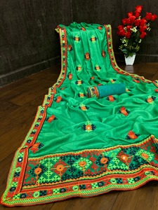 Bollywood Designer Saree Designer Miroir Travail Fleur Conception Doux Soie Tissu Impression Numérique Marron Couleur Sari avec Blouse Inde Vêtement - Product Image 3