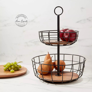 Soporte de cesta de alambre de metal de 2 niveles con base de madera elegante y funcional para organizar la cocina y la decoración del hogar - Product Image 2