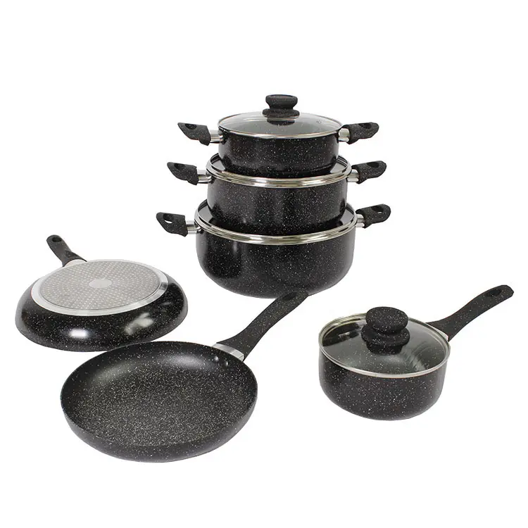 Factory Directly Supplier PFOA Free Coating Aluminum Non Stick Cookware Set of Black Marble Coating