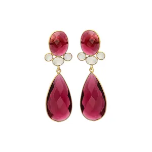 Pink Tourmaline Hydro & Milky Chalcedony 925 Sterling Silver Gemstone Gold Plated Earrings