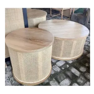 Widiaコーヒーテーブル & サイドテーブル天然籐フレーム木製チークオープンウェビング