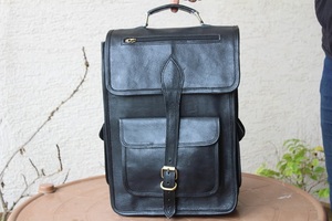 Sac à dos en cuir noir véritable, sac à dos d'université - Product Image 4