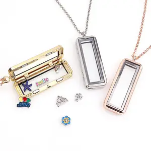 kids stainless steel rectangle necklace clear floating locket pendant