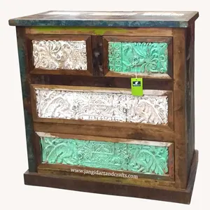 Commode vintage en bois massif de bateau indien récupéré, quatre tiroirs, fabriquée à la main au Rajasthan - Product Image 6
