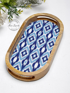 <b>Oval</b> Wood Storage Tray With Blue Ikat Pattern And Handles For <b>Table</b> Use - Product Image 5