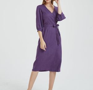 Robe en lin violette à col en V, longueur genou, avec ceinture, manches longues, style ample et habillé, couleur unie, pour l'été, les fêtes et les célébrations, pour femme - Product Image 4