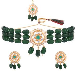 Indian Traditional Jewelry Green Faux Pearl Beaded Kundan <b>Choker</b> <b>Necklace</b> Jewellery Set for Women - Product Image 1
