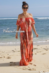 Verano Tie Dye largo Maxi vestido fuera del hombro sin tirantes sin mangas espalda diseño hecho mezcla de tela elegante verano señora vestido OEM - Product Image 3