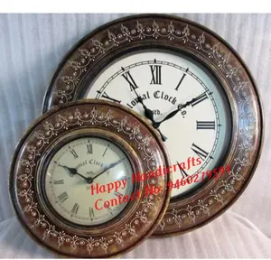 Vintage Indian Round Wooden Hand Craved Wall Clocks - Peacock Design Wall Clock (Set of 2)