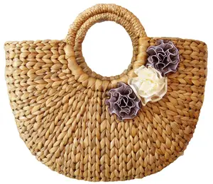 Elegante na moda halfcircle shopper palha saco com flor bordado água jacinto saco