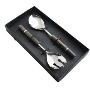 Juego de servidores de ensalada Servidor de ensalada de acero inoxidable y madera con elegantes asas hechas a mano accesorios de cocina utensilios de cocina - Product Image 1