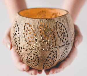 Handmade Coconut Tealight Candle Holder, Palm <b>Leaf</b> Hand Carved Coconut Tealight Holder - Product Image 6