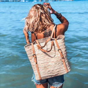 Straw Beach <b>Bag</b> with Leather Strap - Straw Backpack - Hipster Backpack - <b>Boho</b> Backpack - Product Image 1