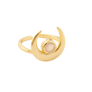 New design dainty pink chalcedony gemstone <b>ring</b> half crescent shape brass gold plated tiny <b>adjustable</b> woman wear designer <b>ring</b> - Product Image 4