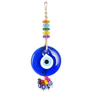 Wicker Weave Glass Evil Eye and Colorful Plastic Beaded Wall Hanging Ornamentz