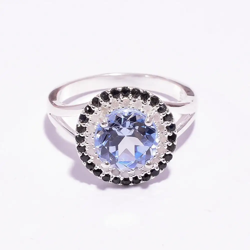 Alluring Blue Topaz/Black Spinal Gemstone Fine Silver Jewelry 925 Sterling Silver Teenager Gift Round Stone Blue Topaz Ring