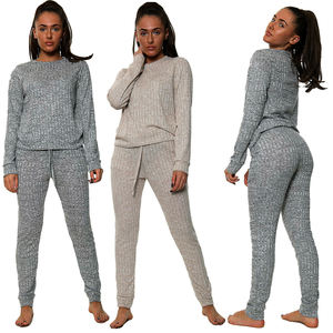 Ladies Women's 2pcs Marl Knitted Ribbed Active Bottoms Lounge Wear Sweatshirt Tracksuit - Product Image 2