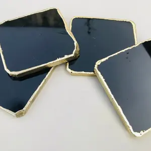 Factory Price Natural Black Agate Coaster And Platters With Gold Plating For Healing And Meditation From India