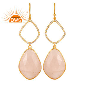 Pendientes de Calcedonia rosa de circón, joyería chapada en oro indio, aretes de diseño de Plata de Ley 925, venta al por mayor - Product Image 1