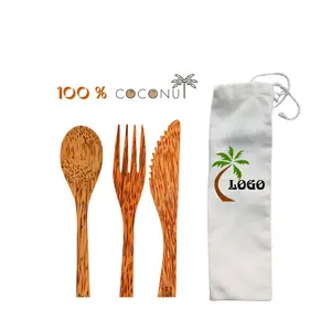 Eco Products Alibaba Líder Atacadista OEM personalizar o logotipo Biodegradável Reutilizável bolsa de lona Coco Colher + Garfo + Faca Coco Talheres Utensílios