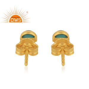 Boucles d'oreilles clous en argent sterling plaqué or 18 carats avec onyx vert rond de 4 mm, bijoux en pierres précieuses en gros - Product Image 2