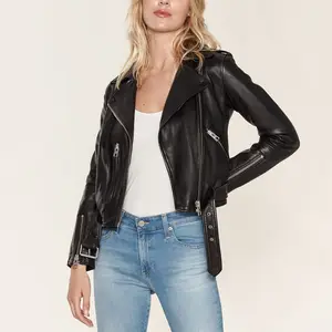 2022 Women Clothing Wholesale Fashion Leather Jackets Custom Size Womens Black Zipper Fly Faux Leather Motorcycle Style Jaket