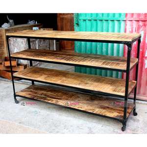 Étagère de présentation industrielle vintage en bois à quatre niveaux avec base en métal, support de table de bar, étagère de cuisine artisanale pour la maison et l'hôtel - Product Image 3