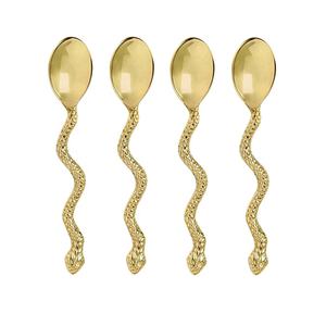 Juego de cubiertos reutilizables de lujo con logotipo, juego de cubiertos de acero inoxidable con mango de serpiente en relieve dorado, cuchara de desierto chapada en oro - Product Image 1