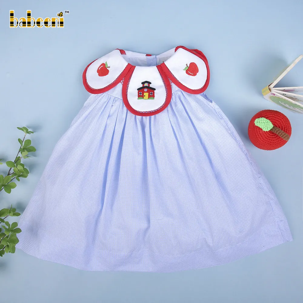 School & apple embroidery girl dress OEM ODM kids smock dress customized hand made embroidery wholesale manufacturer - BB2847