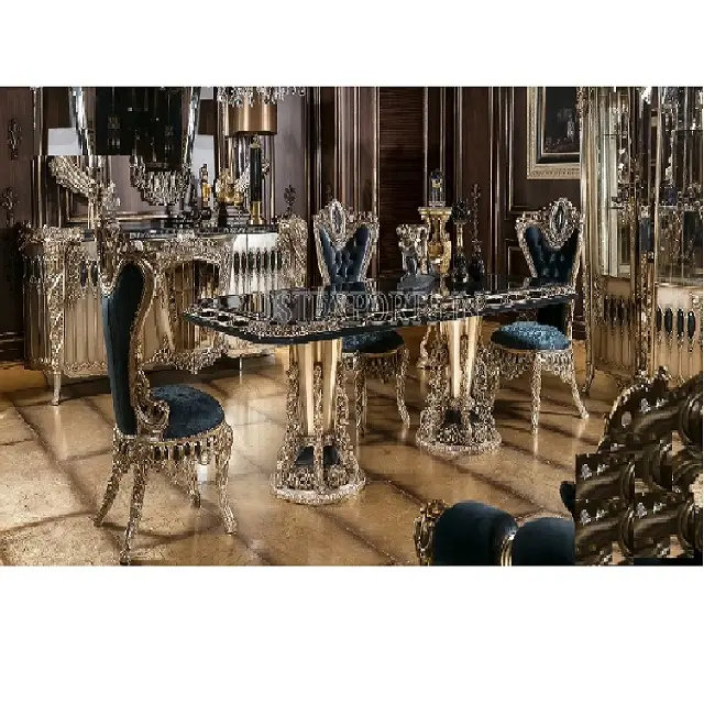 Benzersiz oyma gümüş kaplama yemek masası seti harika ahşap yemek odası mobilyası tasarım benzersiz gümüş kaplama yemek masası seti