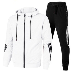2021 Latest Design Men's Slim Fit Tracksuit With Drawstring Hoodie & Front Zipper Men's Side Stripe Front Zip Hooded Sweatsuit - Product Image 6