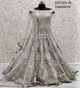 Designer Heavy Work Stickerei Arbeit Braut Brautkleid Tragen Beige Net Bestickte Rüschen Designer Lehenga Choli für Frauen