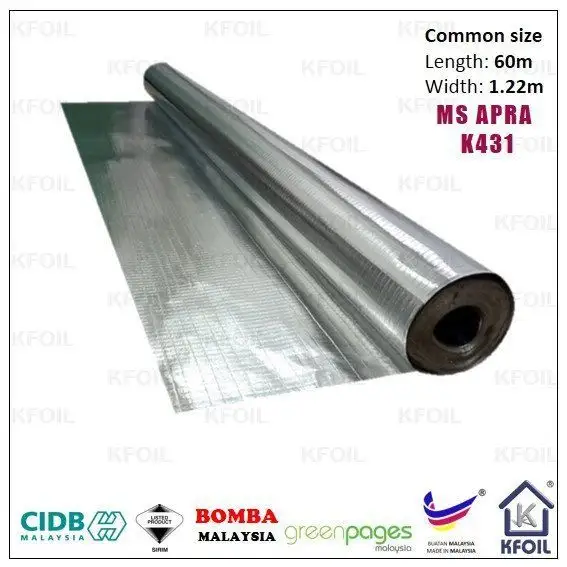 Ms Apra K431 (1.25X45M) Brandvertragende Dubbelzijdige Dampbarrière Aluminium Papierfolie, 16X8 Glasvezel Verstevigd