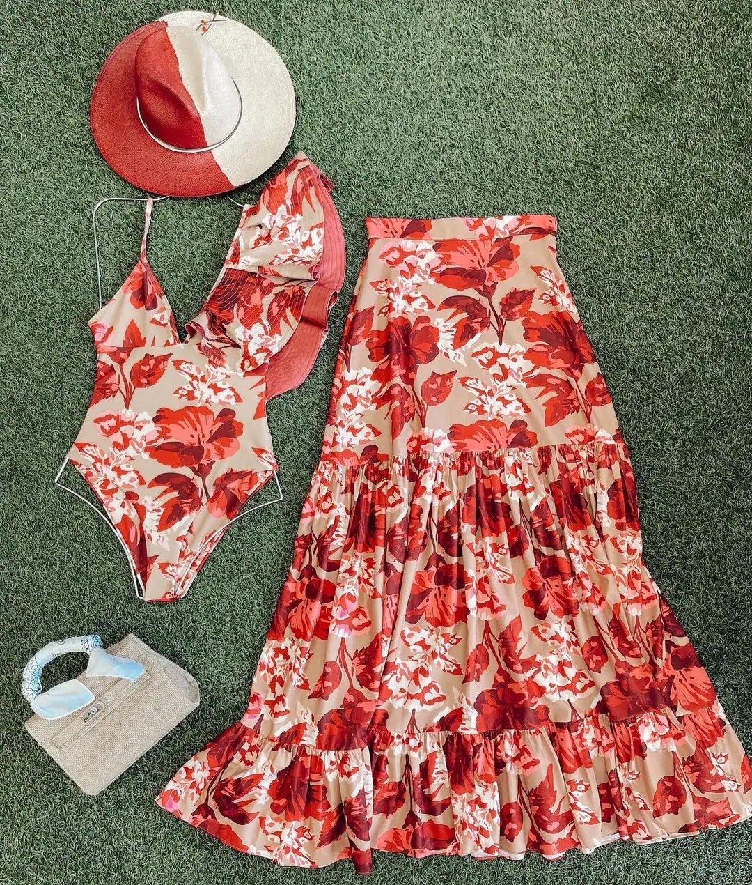 2022 New Women Ruffle Printed One Piece Swimsuit and Skirt Red Floral Beachwear Swimwear Bohemian Maxi Dresses for Girl