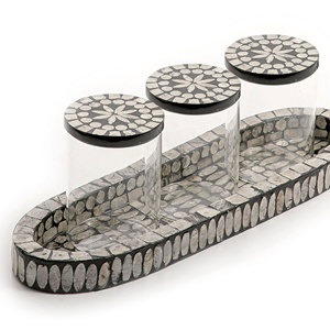 Bandeja de bambú artesanal para decoración del hogar, juego árabe de frascos de vidrio con bandeja para madre de perla, crema marrón - Product Image 4