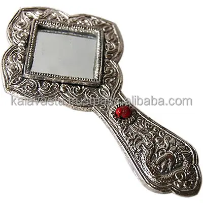Handmade White metal Decorative frame small looking mirror For Home Decor with Stone Convex Mirror