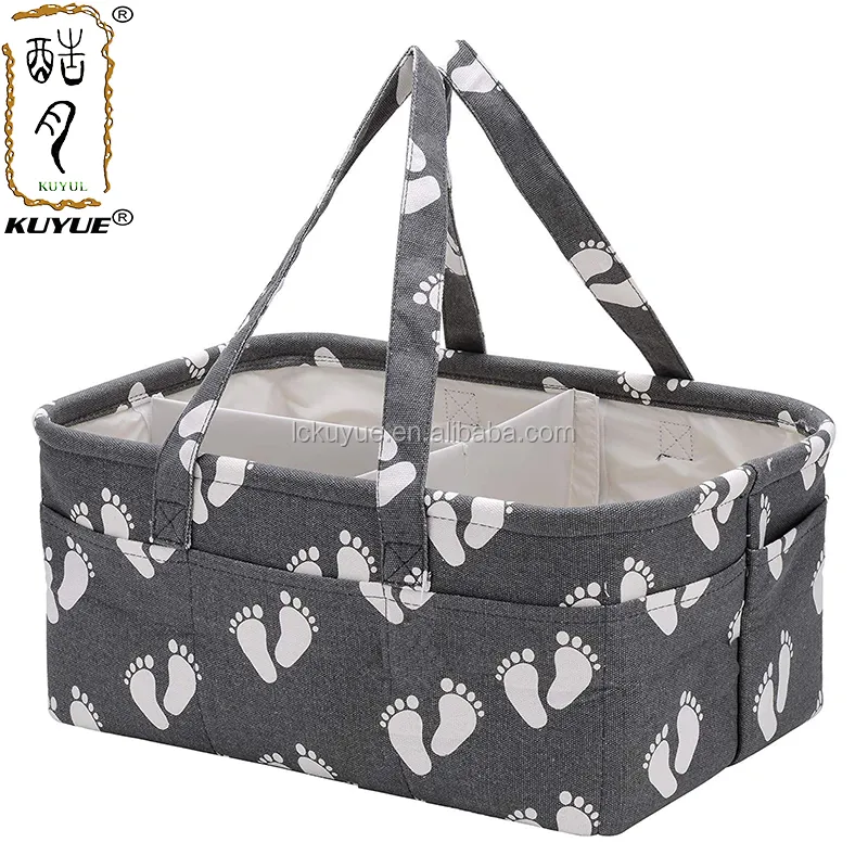 Kuyue Canvas Voetpatroon Luiermand, Caddy Luier Organizer Stof Opbergdozen & Bakken Opvouwbare Opp Tas Grijs Klassiek Grijs