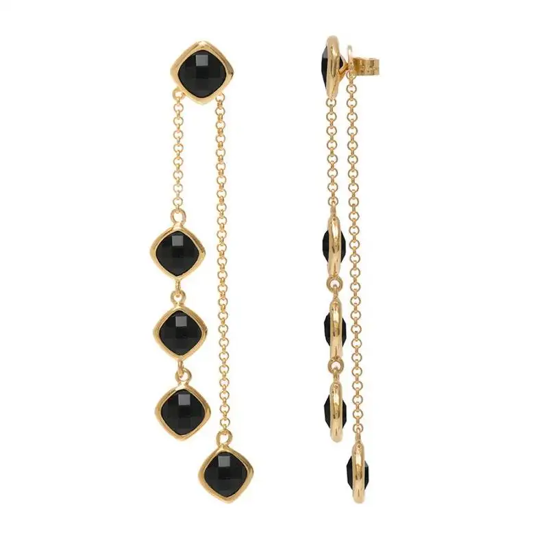 Black Onyx Beautiful Simple Gemstone Gold Plated Chain Long Handmade Earrings