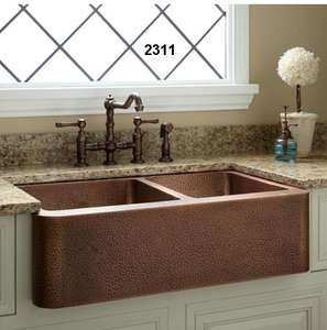 Fregadero de cocina de cobre antiguo, cuenco doble martillado - Product Image 1